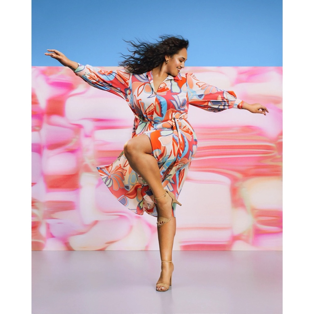 - Plus Size Mixed Floral Long Sleeve Robe Dress